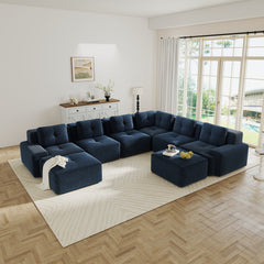 Modular Sectional Sofafor Living Room, 6-Seater Corner Sofa, Big Comfy Corduroy V Shaped Couch with 2 Movable Ottomans,Pearl-like piping, Tufted Design, No Assembly, Anti-slip Design,Blue