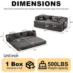 78.7-Inch Convertible Sleeper Sofa Bed with Cylindrical Pillow, Chenille Folding Mattress Couch with ,Folding Sofa Bed with Side Pocket, Floor Sofa Lounge Couch for Living Room Bedroom Lounge Studio