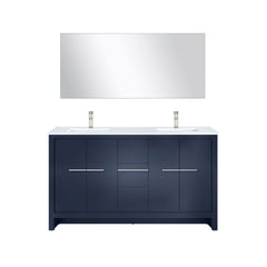 Navy Blue Double Bath Vanity 60 in. W x 20 in. D, White Quartz Top, Brushed Nickel Faucet Set and 55 in. Mirror