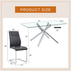 Table and chair set.Modern Luxurious Transparent Tempered Glass Dining Table Set with 4 Chairs.Single Fork Silver Metal Table Legs.Black high-quality PU dining chairs with silver metal legs.