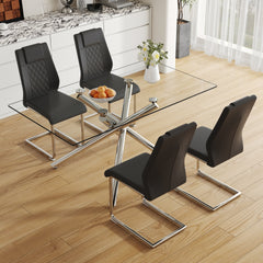 Table and chair set.Modern Luxurious Transparent Tempered Glass Dining Table Set with 4 Chairs.Single Fork Silver Metal Table Legs.Black high-quality PU dining chairs with silver metal legs.