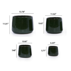 Handmade Solid Glazed Ceramic Planter Set of 4, 14/11/9/7 Inch Diameter, Deep Green, for Succulents and Cacti, Outdoor Garden & Indoor Stairs Use, Breathable Clay with Drainage Holes