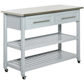 HOMCOM Kitchen Island with Stainless Steel Top, Traditional Kitchen Island with Storage, 2-Tier Open Shelves, Drawers, Light Gray
