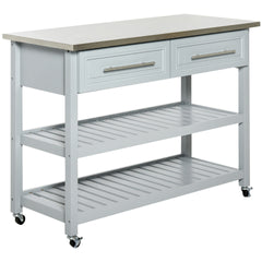 HOMCOM Kitchen Island with Stainless Steel Top, Traditional Kitchen Island with Storage, 2-Tier Open Shelves, Drawers, Light Gray
