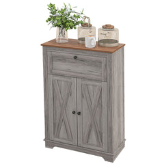 HOMCOM Farmhouse Barn Door Accent Cabinet, Kitchen Sideboard Storage Cabinet with Double Doors, Drawer, and Adjustable Shelf for Bedroom, Living Room, Gray