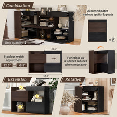 Set of 2, 32.5''-58.8''W Multifuctional Storage Cabinet, Buffet Sideboard with Drawer, Corner Cabinet for 44''H Window decor, Livingroom, Hallway, Entryway, Kitchen & Office - Black&Walnut