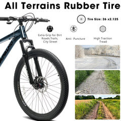 A26317 KIAPALNO 26 Inch All-Terrain Mountain Bike with Disc Brakes 21-Speed Drivetrain & Durable Carbon Steel Frame Ideal for Men and Women, Perfect for Trail Riding and Touring