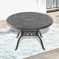 Outdoor Patio Dining Table 48 Inch Cast Aluminum with Umbrella Hole Black Frame