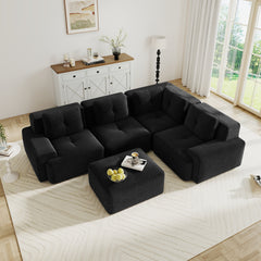 Modern Modular Sectional Sofa with 4-Seater,V Shaped Corner Couch,Corduroy Fabric,Deep Seat for Living Room, Movable Ottoman,Pearl-like piping, Tufted Design, No Assembly, Anti-slip Design,Black