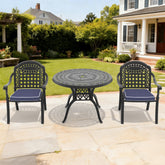 3-Piece Set Of Cast Aluminum Patio Furniture With Blue Cushions