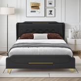 King Size Leather Bed frame with Wingback Headboard & Footboard, PU Upholstered Platform bed, Solid Wooden Slats Support, Easy Assembly