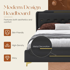 King Size Leather Bed frame with Wingback Headboard & Footboard, PU Upholstered Platform bed, Solid Wooden Slats Support, Easy Assembly