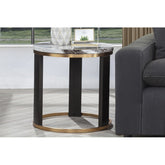 24" Round Icelandic Ivory Faux Marble End Table, Living Room Sofa Side Table with Gold Accent, Brown/Gold