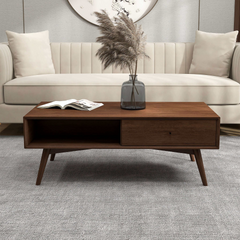 Caroline Mid-Century Modern Walnut Coffee Table Solid Wood 23.5x47.5x17.5 inches for Living Room, Home Small Space, Brown