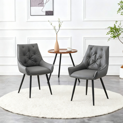 Dining Chairs Set of 2, Dark Gray Faux Leather Dining Room Chair, Metal Kitchen Chairs with Gold Mesh Texture and Black Sanded Legs, Flat Back Upholstered Chair (Dark Gray, Set of 2)