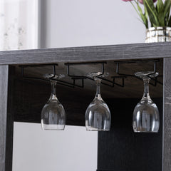 Home Bar Table with Wine Glass Compartment and Three Shelves in Distressed Grey & Black