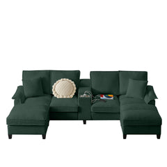 120" Modular Corduroy Sectional Sofa Bed with Storage – Modern U-Shaped Design, 4-Seater, Perfect for Living Room, Apartment, or Lounge, Featuring Cup Holders for Added Convenience (green)"