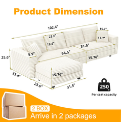 102.4 "Plush Corduroy 4-Seat Sofa,Modern Comfy Upholstered Sofa Cloud Couch,Deep Seat Couches with Soft Pillows and Movable Ottoman,Convertible Sofa Lounge Chair,for Living Room,Apartment,Office,Beige