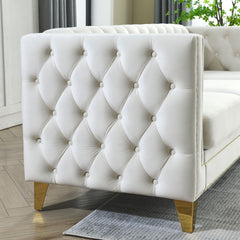 Velvet Sofa for Living Room,Buttons Tufted Square Arm Couch, Modern Couch Upholstered Button and Metal Legs, Sofa Couch for Bedroom, Beige Velvet-2S(W834S00052)