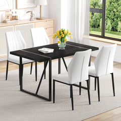 Black Faux Wood Grain MDF Dining Table Set.A minimalist retro rectangular dining table with a black textured top.Paired with 4 Black - and - White PU Dining Chairs with Shell - pattern.