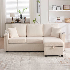 UNITED WE WIN L-Shaped Sectional Sofa with Pull-Out Storage,Ottoman & Pillows 3-Seat with USB Charging,Cup Holder, Convertible Design for Living Room, Apartment, Corduroy Fabric