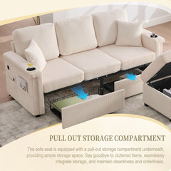 UNITED WE WIN L-Shaped Sectional Sofa with Pull-Out Storage,Ottoman & Pillows 3-Seat with USB Charging,Cup Holder, Convertible Design for Living Room, Apartment, Corduroy Fabric