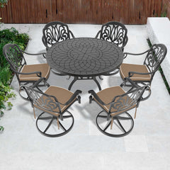 7-Piece All-Weather Cast Aluminum Dining Set, Include 6 Swivel Chairs and 47.24" Round Table With Black Frame (same sku:W1710S00445)