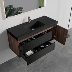 Grace 48" Walnut Bathroom Vanity with Matt Black Engineered Quartz Sink and Soft Black Drawers & A Door, Wall Mounted Floating Bathroom Vanity for Modern Bathroom, Matt Black Basin, Pre-assembled