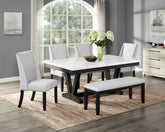 6pc Dining Set Contemporary Style White Genuine Marble Rectangular Table Top Dove Gray Upholstery Chairs Nailhead Tufted Bench Black Finish Wooden Solid Wood Dining Room Furniture