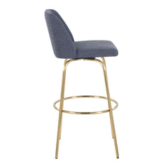 Toriano 30" Contemporary Fixed-Height Barstool with Swivel in Blue Fabric and Gold Metal with Round Footrest by LumiSource - Set of 2