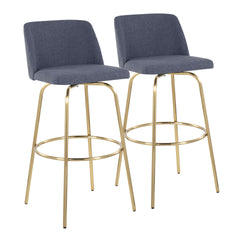 Toriano 30" Contemporary Fixed-Height Barstool with Swivel in Blue Fabric and Gold Metal with Round Footrest by LumiSource - Set of 2