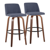 Toriano 30" Mid-Century Modern Fixed-Height Barstool with Swivel in Walnut Wood and Blue Fabric with Round Black Metal Footrest by LumiSource - Set of 2