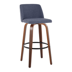Toriano 30" Mid-Century Modern Fixed-Height Barstool with Swivel in Walnut Wood and Blue Fabric with Round Black Metal Footrest by LumiSource - Set of 2