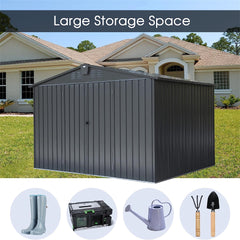 Outdoor Storage Shed 10'x 8', Metal Garden Shed for Bike, Trash Can, Tools, Galvanized Steel Outdoor Storage Cabinet with Lockable Door for Backyard, Patio, Lawn (10x8ft, Dark Gray)