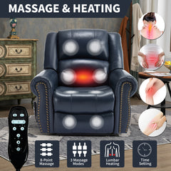 Power Lift Recliner Chair Heat Massage Dual Motor Infinite Position Up to 350 LBS, Genuine Leather, Heavy Duty Motion Mechanism with USB Ports, Blue
