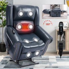 Power Lift Recliner Chair Heat Massage Dual Motor Infinite Position Up to 350 LBS, Genuine Leather, Heavy Duty Motion Mechanism with USB Ports, Blue
