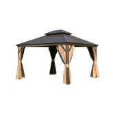 12'x14' Hardtop Gazebo, Outdoor Aluminum Frame Canopy with Galvanized Steel Double Roof, Outdoor Permanent Metal Pavilion with Curtains and Netting for Patio, Backyard and Lawn(Brown)