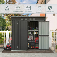 Backyard Storage Shed with Sloping Roof Galvanized Steel Frame Outdoor Garden Shed Metal Utility Tool Storage Room with Latches and Lockable Door (6x4ft, Dark Gray)