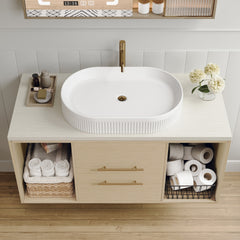 Modern 39.3 Wall-Mounted Bathroom Vanity with Oval Ceramic Sink Floating Vanity Multi-Layer Solid Wood Cabinet Soft-Close Drawers Open Shelf Storage