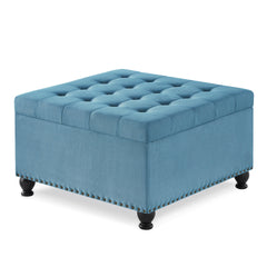 Large square storage ottoman with wooden legs, Upholstered button tufted coffee table with nail trims,Light Blue
