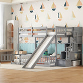 Twin Over Full Bunk Bed with Slide, Storage Staircase, Pine Solid Wooden Bunk Bed with Safety Guardrails ,Grey