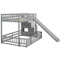 Twin Over Full Bunk Bed with Slide, Storage Staircase, Pine Solid Wooden Bunk Bed with Safety Guardrails ,Grey