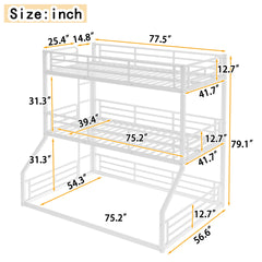 Twin over Twin over Full Bunk Bed, Metal Triple Bunk Bed with Safety Guardrails, Heavy-duty Bunk Bed with Noise-reduced Design, White