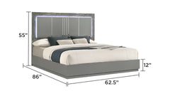 Elara Queen 4-Piece Set – Two-Tone High-Gloss Marble & Lacquer Finish with LED Lighting, Metal-Finished Legs- Gray (CA Inventory)