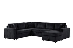 Rinaldo 123"W Black Corduroy Sleeper Sectional Sofa with Right-Facing Storage Chaise and Throw Pillows