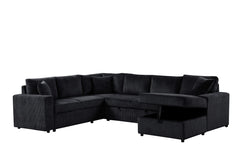 Rinaldo 123"W Black Corduroy Sleeper Sectional Sofa with Right-Facing Storage Chaise and Throw Pillows
