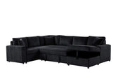 Rinaldo 123"W Black Corduroy Sleeper Sectional Sofa with Right-Facing Storage Chaise and Throw Pillows