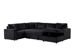 Rinaldo 123"W Black Corduroy Sleeper Sectional Sofa with Right-Facing Storage Chaise and Throw Pillows