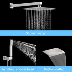 Rain Shower System Matte Black Tub Shower Faucet Set 10 Inch Square Rainfall Shower Head with Handheld Sprayer and Waterfall Tub Spout Pressure Balance Rough-in Valve Shower Mixer Combo