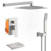 Rain Shower System Matte Black Tub Shower Faucet Set 10 Inch Square Rainfall Shower Head with Handheld Sprayer and Waterfall Tub Spout Pressure Balance Rough-in Valve Shower Mixer Combo